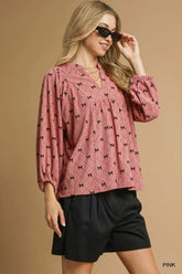 Umgee Corduroy Bow Print Balloon Sleeve Blouse OutfitFlow